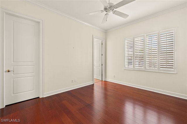 unfurnished bedroom featuring crown molding, ceiling fan, and dark hardwood / wood-style flooring