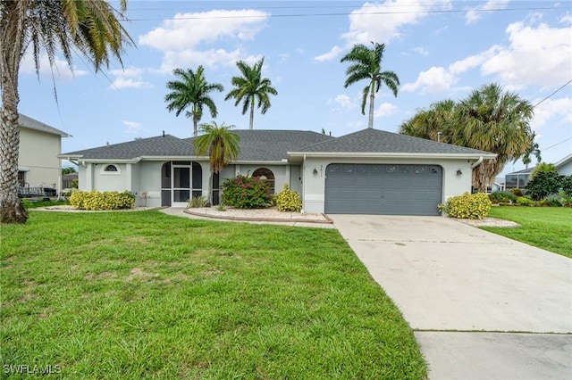 single story home with a front lawn and a garage