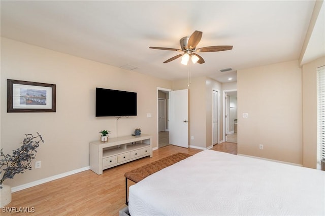 bedroom featuring ceiling fan and light wood-type flooring