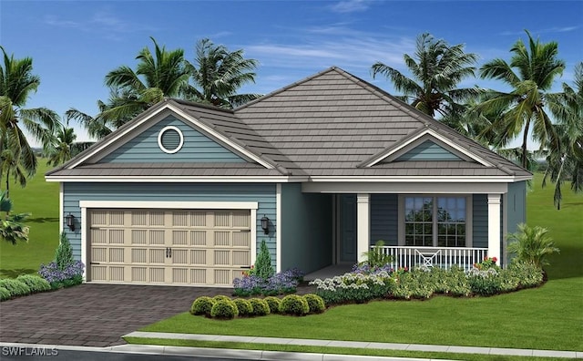 view of front of house featuring a porch, a garage, and a front lawn