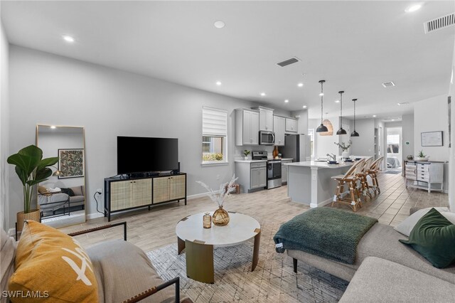 living room with light hardwood / wood-style flooring