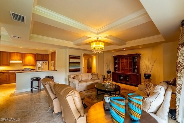 tiled living room featuring beamed ceiling, an inviting chandelier, crown molding, and coffered ceiling