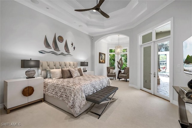 bedroom with access to outside, a raised ceiling, light carpet, ceiling fan, and ornamental molding