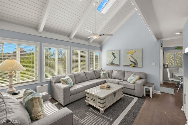 living room featuring a skylight, wood ceiling, ceiling fan, beamed ceiling, and dark hardwood / wood-style floors