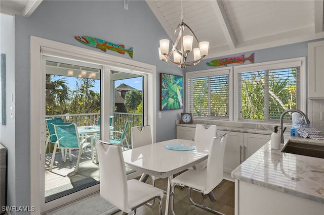 dining area featuring vaulted ceiling with beams, wood ceiling, a notable chandelier, and sink