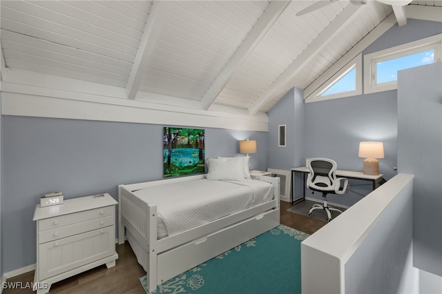 bedroom featuring ceiling fan, lofted ceiling with beams, and dark hardwood / wood-style floors