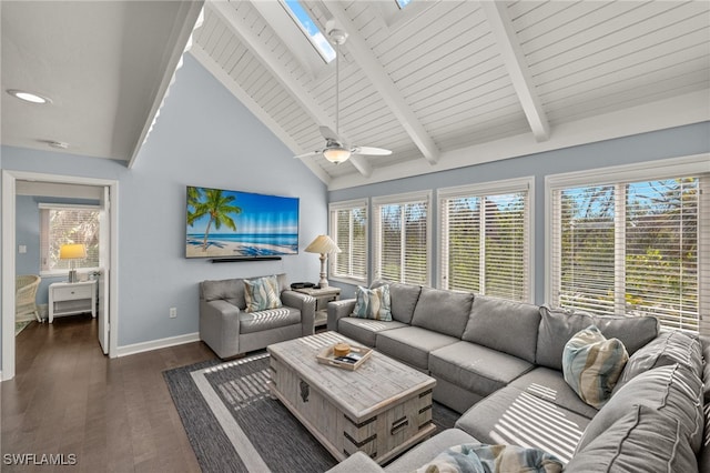 living room with ceiling fan, dark hardwood / wood-style flooring, wooden ceiling, and vaulted ceiling with skylight