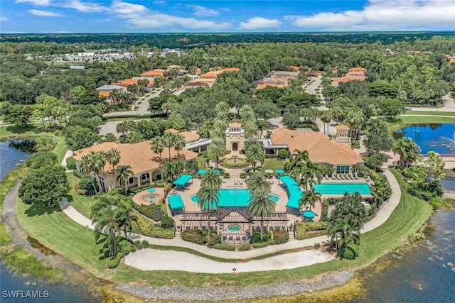 bird's eye view with a water view