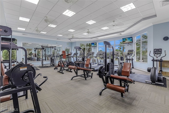 exercise room featuring ceiling fan, light colored carpet, and a drop ceiling