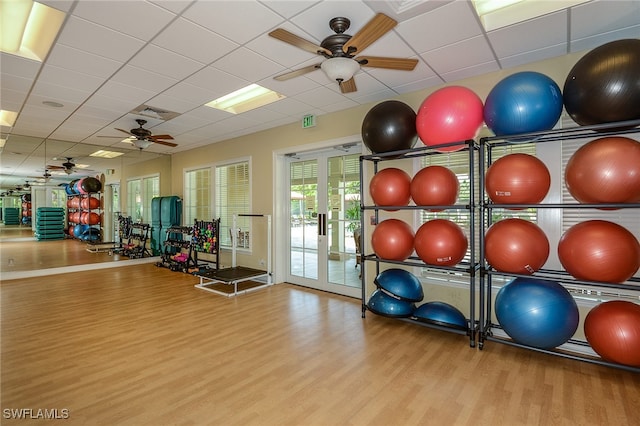 workout area featuring a paneled ceiling, ceiling fan, and light hardwood / wood-style flooring