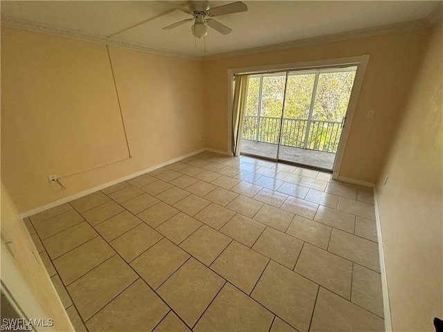 tiled empty room with ceiling fan and crown molding