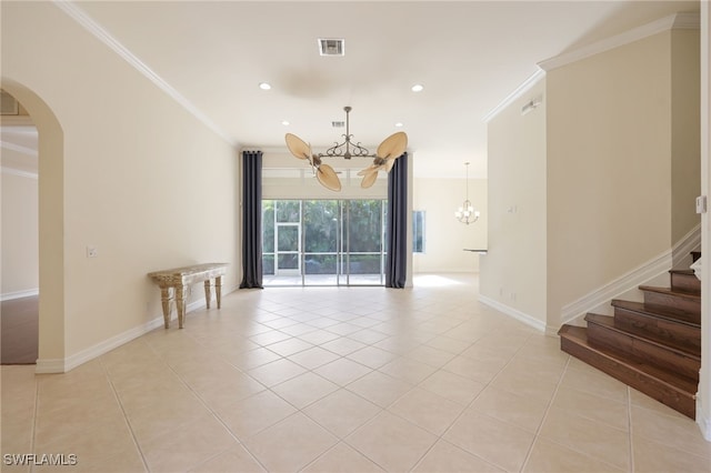 tiled empty room with an inviting chandelier and crown molding