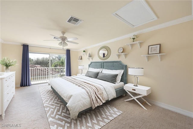 bedroom with ceiling fan, access to outside, light carpet, and ornamental molding