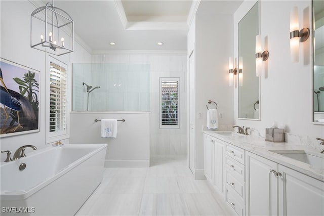 full bath with ornamental molding, walk in shower, a sink, and double vanity