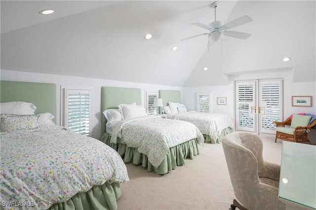 bedroom with lofted ceiling, ceiling fan, recessed lighting, access to outside, and carpet