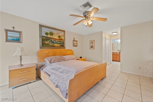 tiled bedroom featuring ceiling fan, ensuite bathroom, and a closet