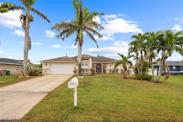 view of front of property featuring a garage and a front lawn