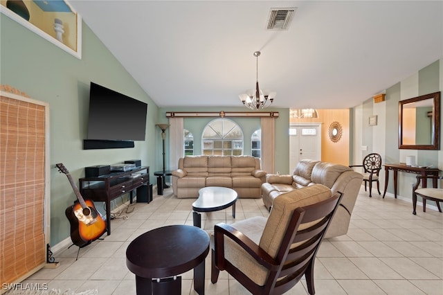 living room with light tile patterned flooring, high vaulted ceiling, and an inviting chandelier