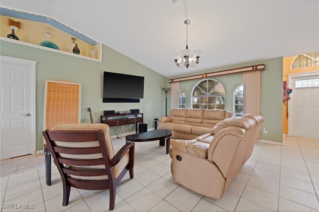 tiled living room featuring lofted ceiling and a notable chandelier