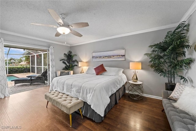 bedroom featuring access to outside, ceiling fan, and a textured ceiling