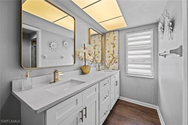 bathroom with hardwood / wood-style flooring and vanity