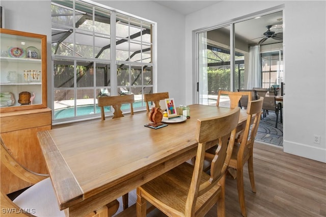 dining room featuring hardwood / wood-style floors and ceiling fan