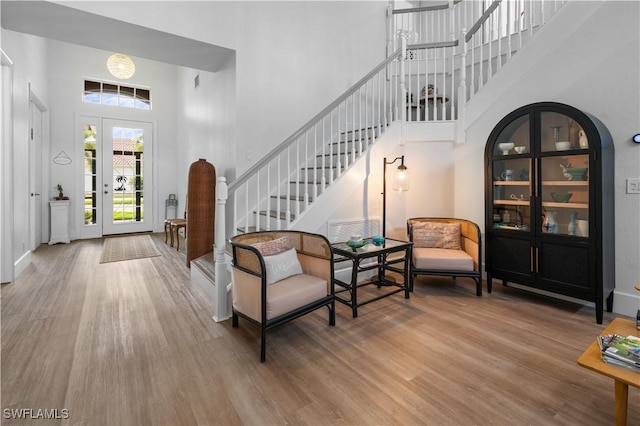 foyer entrance featuring a towering ceiling and wood-type flooring