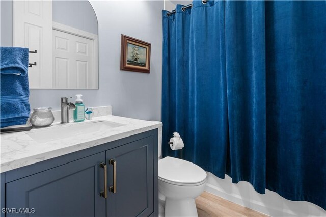 bathroom with wood-type flooring, vanity, toilet, and a shower with curtain