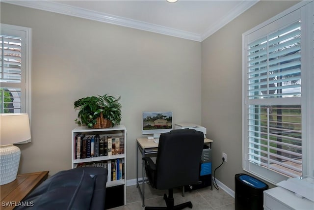 home office featuring crown molding, light tile patterned floors, and a healthy amount of sunlight