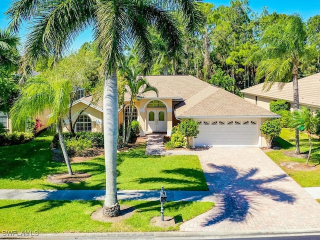 view of front of property featuring a front lawn and a garage