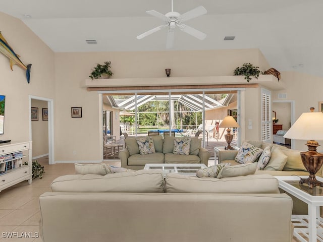 tiled living room featuring ceiling fan