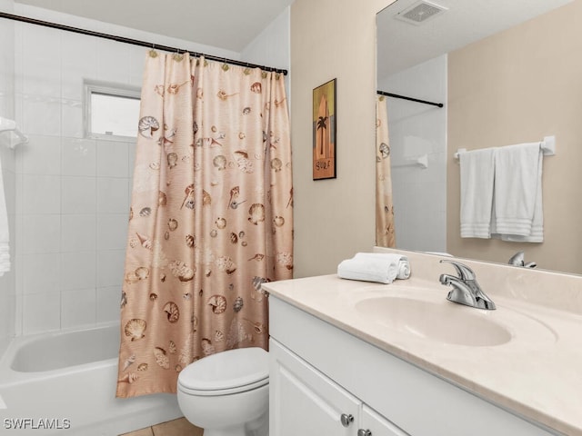 full bathroom with vanity, toilet, and shower / bathtub combination with curtain