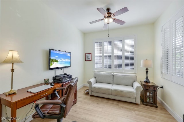 office featuring ceiling fan and light hardwood / wood-style floors