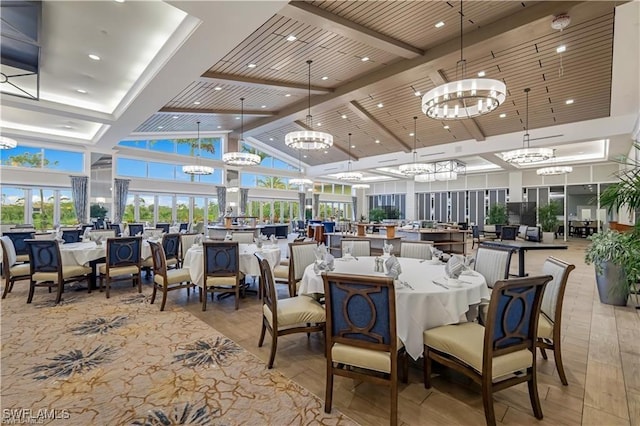 dining space featuring high vaulted ceiling, wood ceiling, beam ceiling, and a notable chandelier