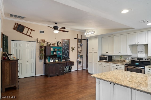 kitchen with ceiling fan, dark hardwood / wood-style flooring, white cabinetry, and appliances with stainless steel finishes