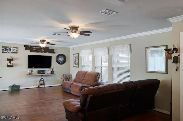 living room with ceiling fan, dark wood-type flooring, and ornamental molding