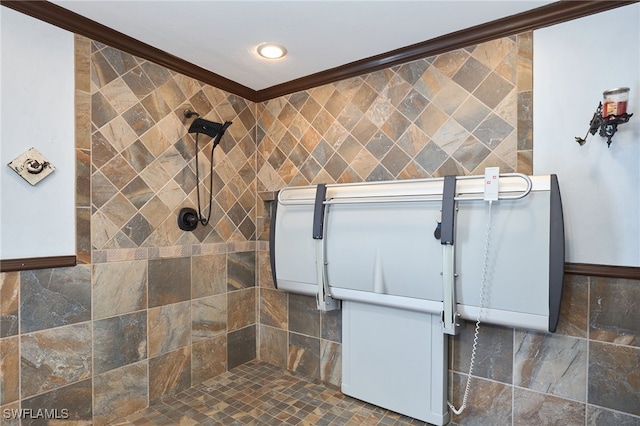 interior space with crown molding and tile walls