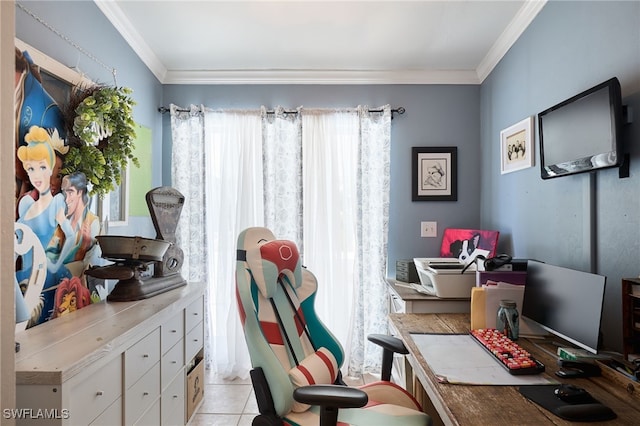 office area with light tile patterned floors and ornamental molding