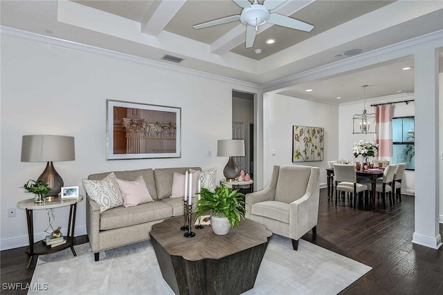 living room featuring beamed ceiling, ceiling fan with notable chandelier, crown molding, and hardwood / wood-style floors