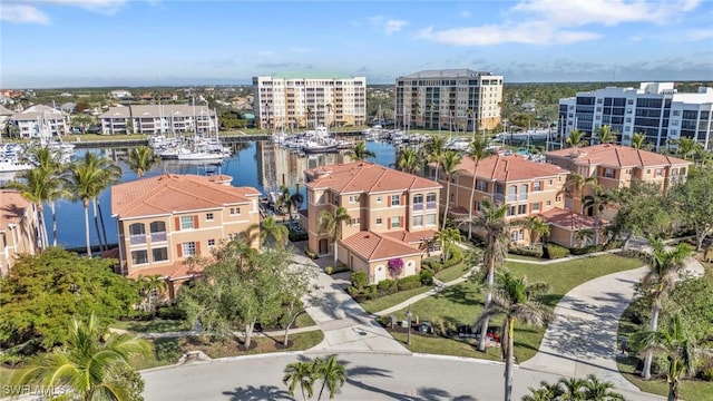 aerial view featuring a water view