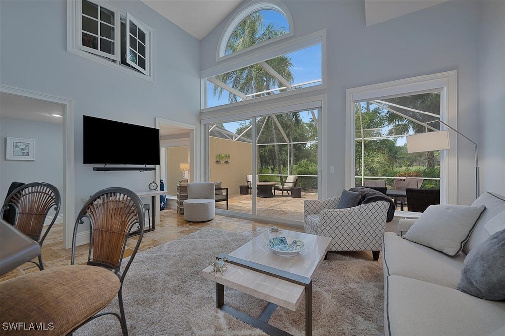 living room featuring a towering ceiling