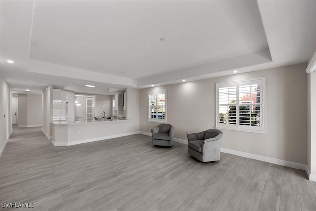 sitting room with sink, light hardwood / wood-style floors, and a tray ceiling