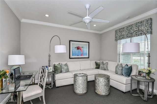 carpeted living room with ceiling fan and crown molding