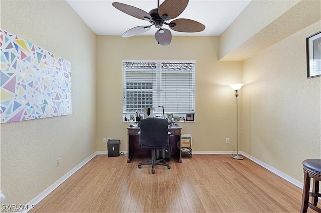 office with ceiling fan and light hardwood / wood-style flooring