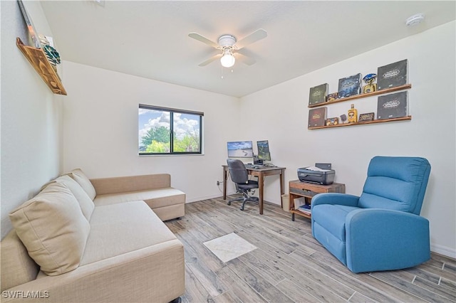 living room with ceiling fan and wood-type flooring