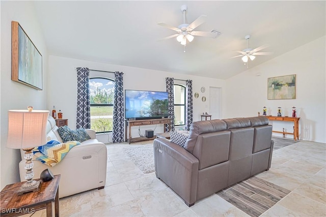 living room with vaulted ceiling and ceiling fan