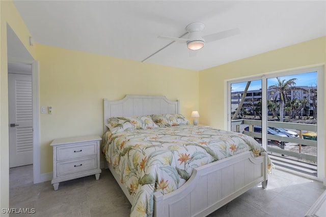 bedroom with light tile patterned floors, access to outside, and ceiling fan