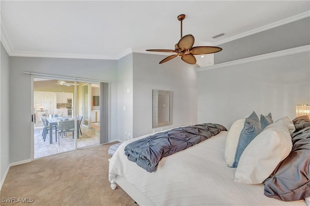 carpeted bedroom featuring access to exterior, ceiling fan, crown molding, and lofted ceiling