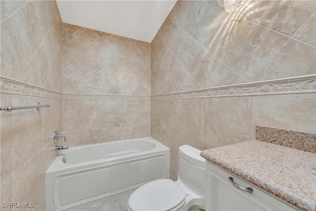 bathroom with toilet and tile walls