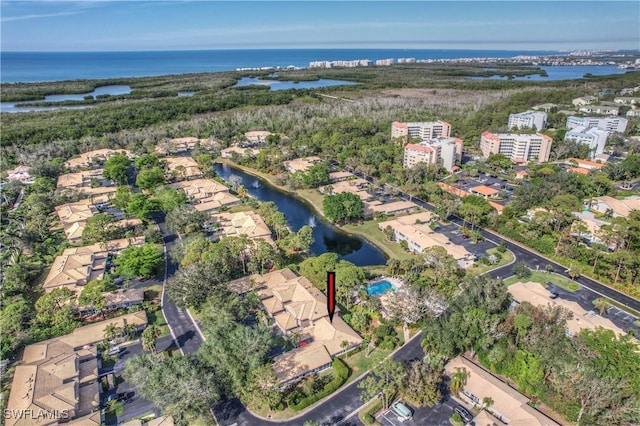 bird's eye view featuring a water view